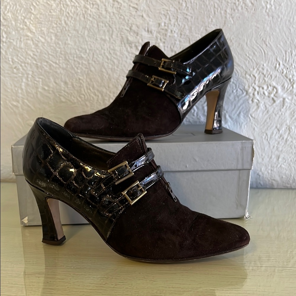 Vintage Italian Heels - Brown Suede and Patent Leather with Decorative Straps